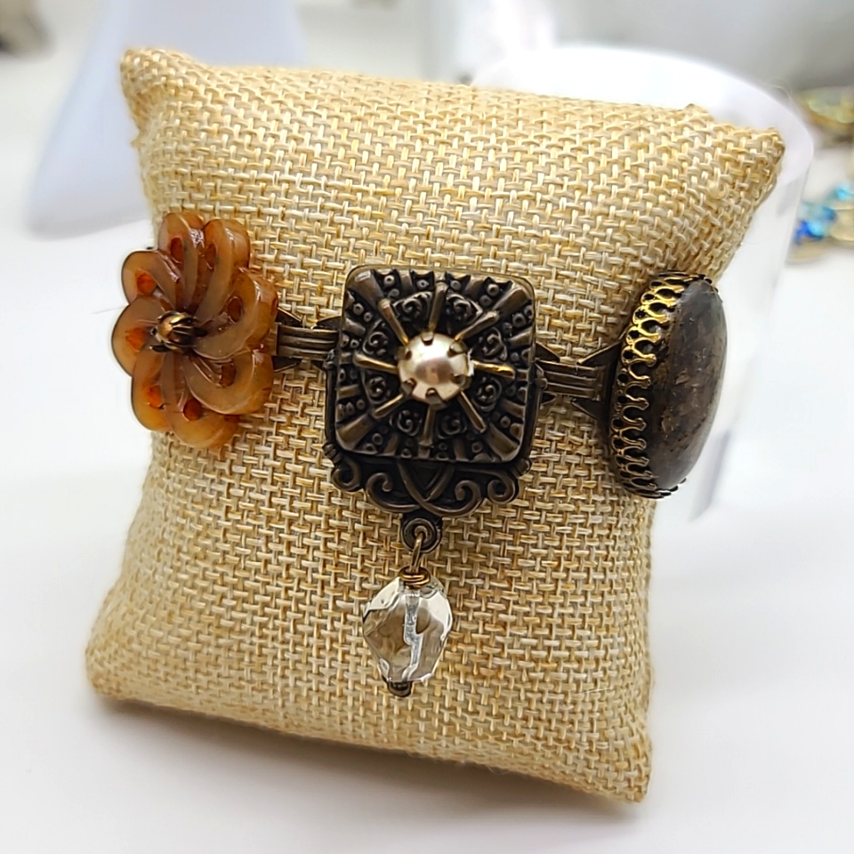Jan Michaels Of San Francisco Agate Stones & Natural Pearls On Bronze Bracelet